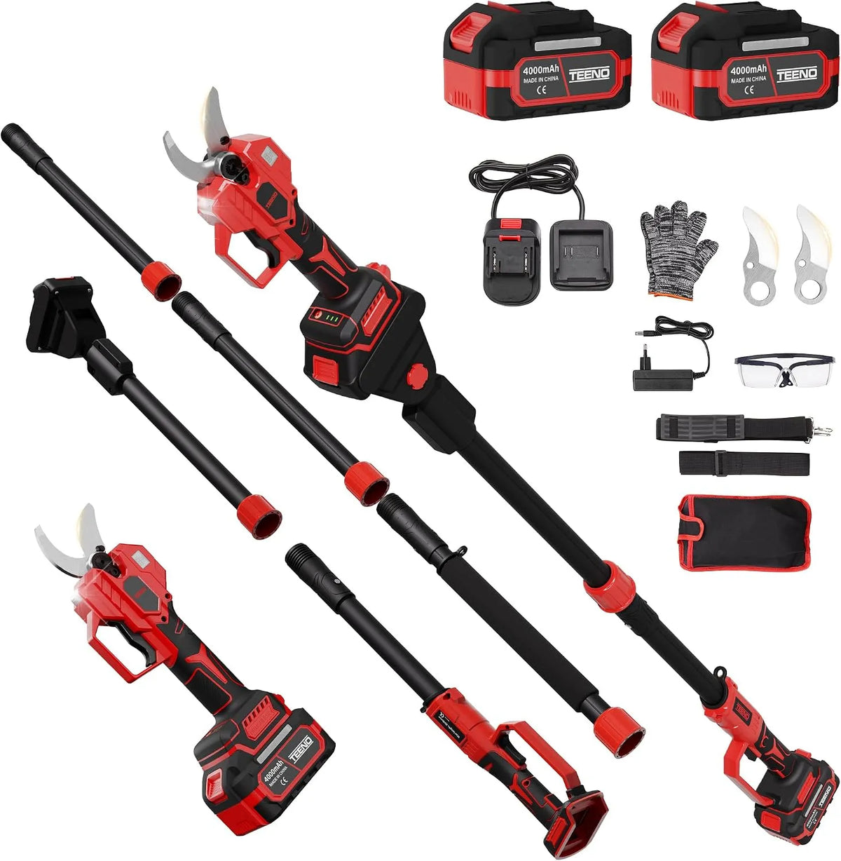 TEENO elétrico telescópico sem fios, 2 em 1 com Perch, alcance de max 4,3m, corte até 50 mm, 2 baterias 4,0Ah, cabo de extensão de 1,05m, ideal para jardim e árvores