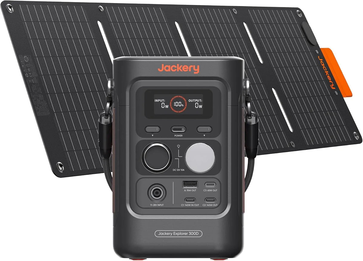 Jackery Explorer 300D Solar Power Station portátil com painel 40 W, 288 Wh LFP Bateria Ultra Light, Cabo multifunções para Transporte e Carga, 5 portas USB-C/USB-A/CC, 300 W para Outdoor e Teletrabalho