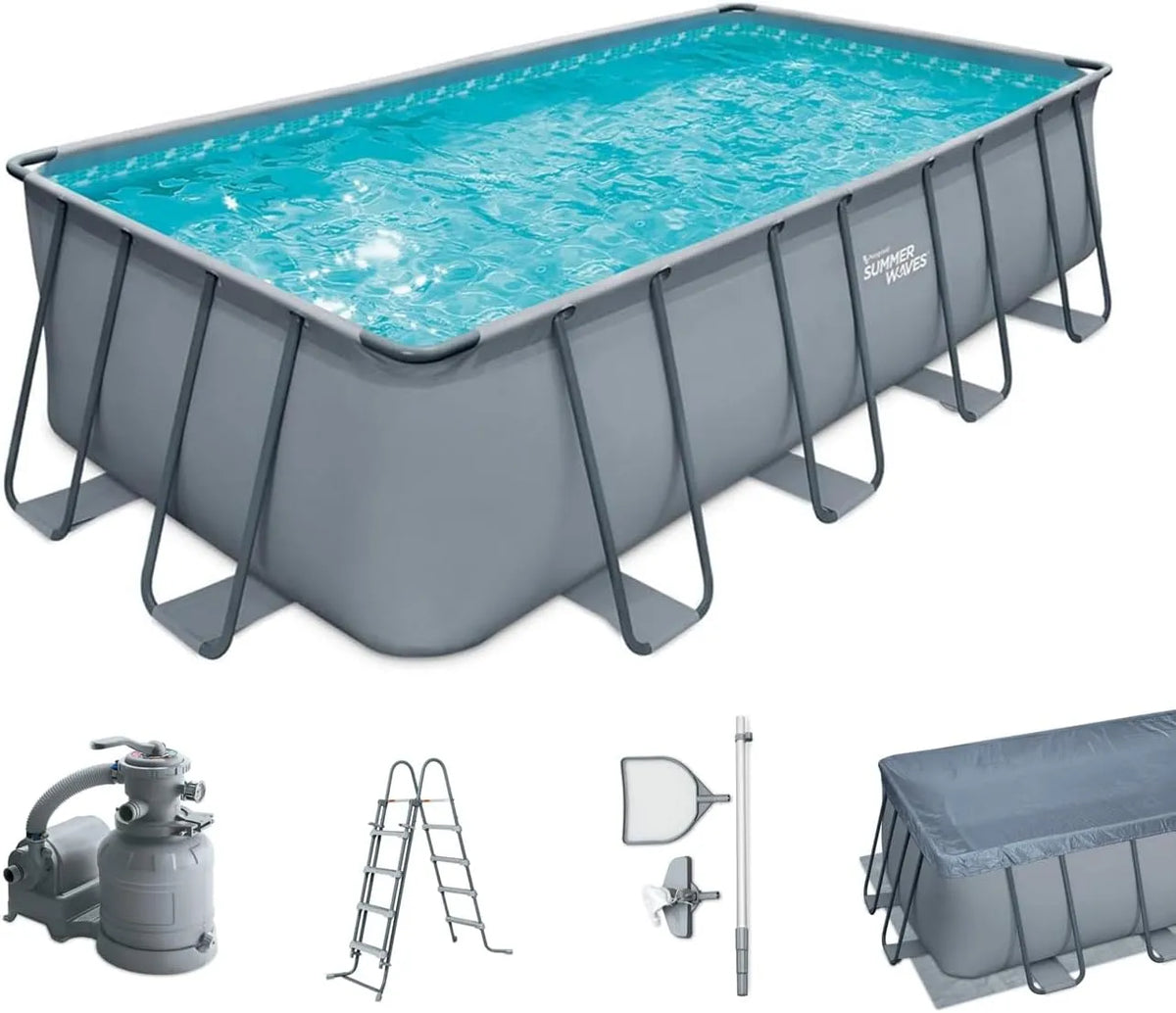 Summer Waves Kit de piscina retangular de ondas de verão 549x274x132 cm cinzento com bomba e acessórios