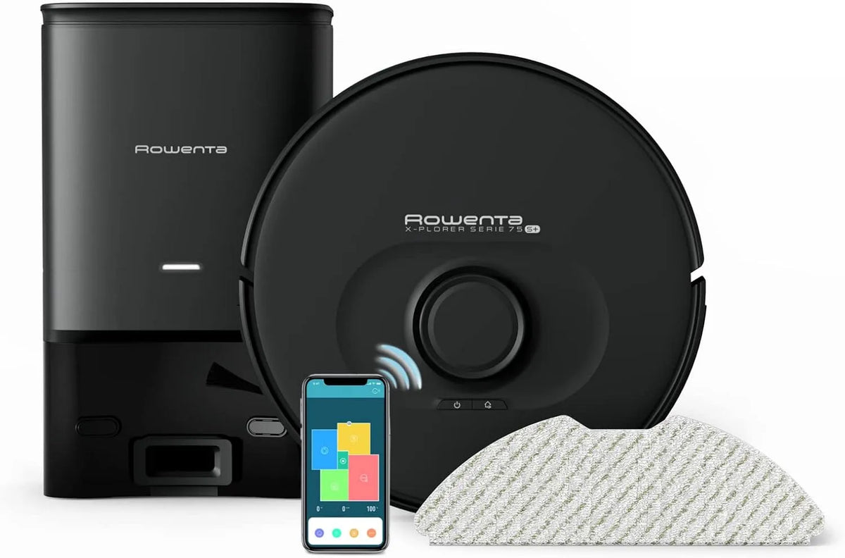 aspirador Robot Rowenta X-Plorer 75 S+ com vibração automática, limpeza 4-em-1, navegação precisa, configurações de parte, preto
