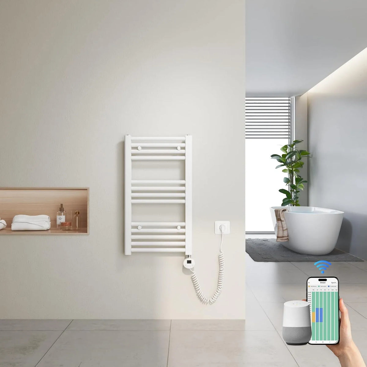 Heilmetz Rádio-Serviettes conectadas 70x40 cm Wi-Fi, termostato encastrado, branco 300 W, Tuya Compatível e Assistentes Vocais, 4 Modos