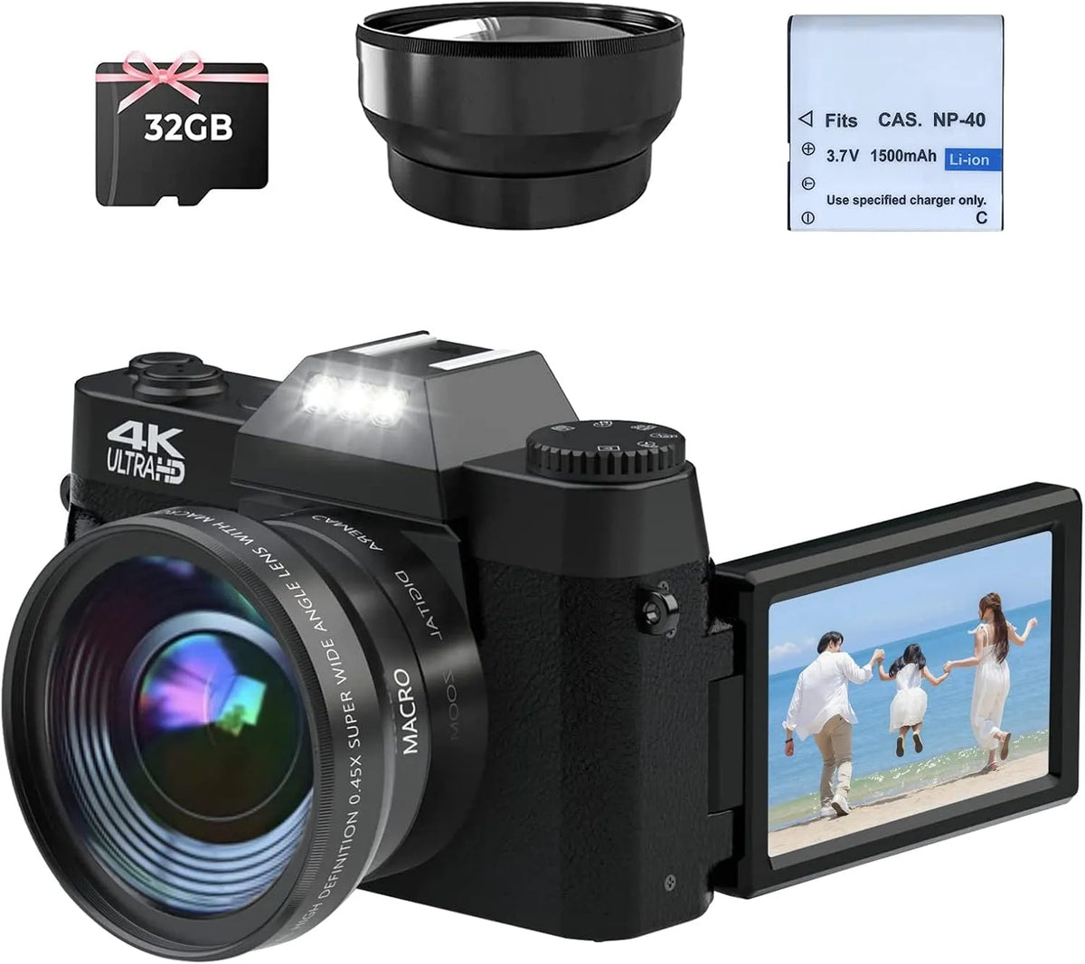 CCN Câmera digital 4K 48MP com ecrã de pivotação 180°, 16X Zoom, grande ângulo, macro, WiFi, 64GB, Preto