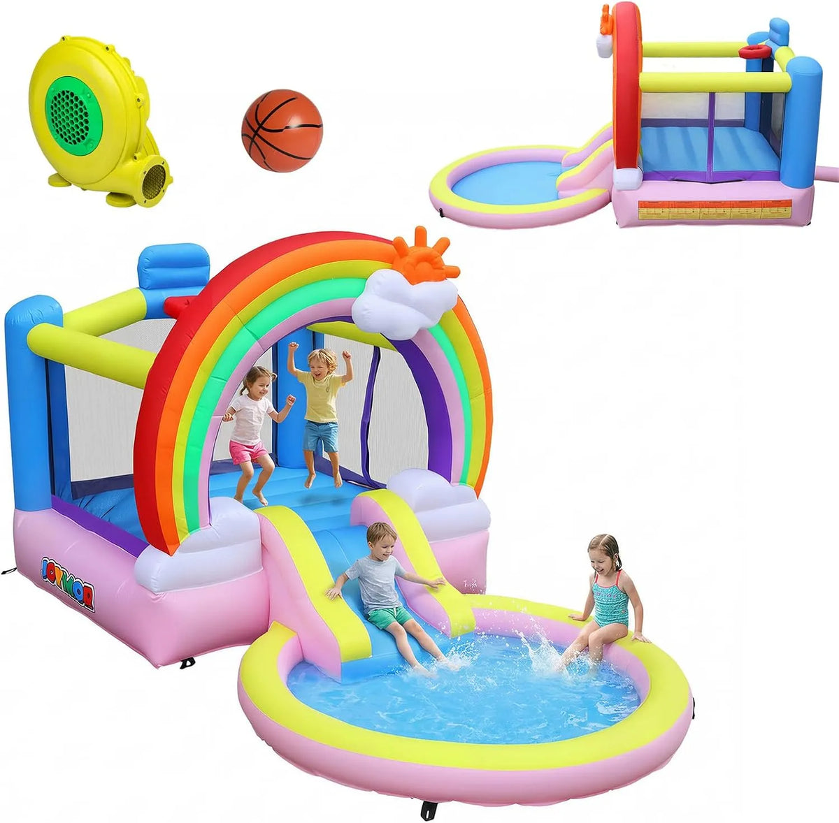 Bonnlo Área Inflável de Jogos Infláveis para Crianças com Tobogã e Piscina - 605 x 450 x 165 cm
