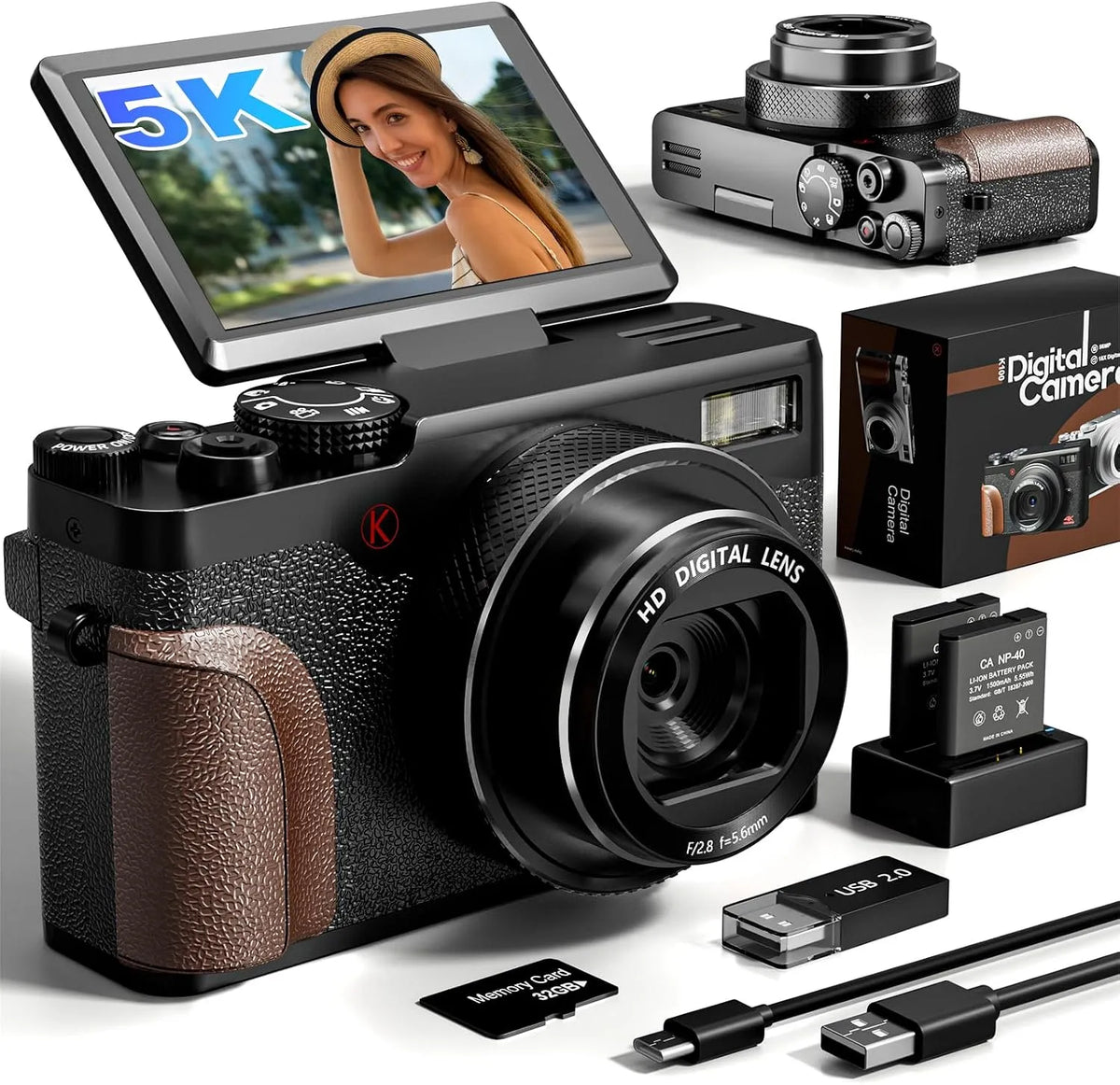 G-Anica Câmera digital 64MP com ecrã de pivotação 180° e zoom 18x, ideal para Vlogging e YouTube, 64GB cartão incluído