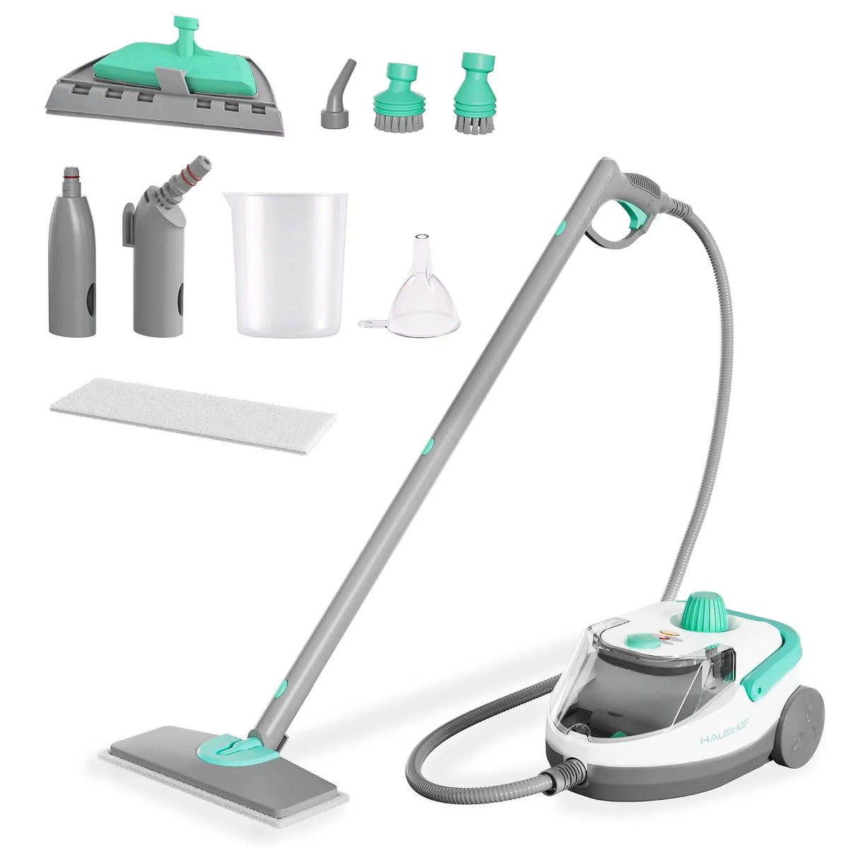 HAUSHOF 1800 W limpador de vapor com tanque 1.5 L, pressão de 4,0 bar, 8 min de tempo de aquecimento, vapor contínuo 30 min, 17 acessórios incluídos para piso, vidro, cozinha e casa de banho