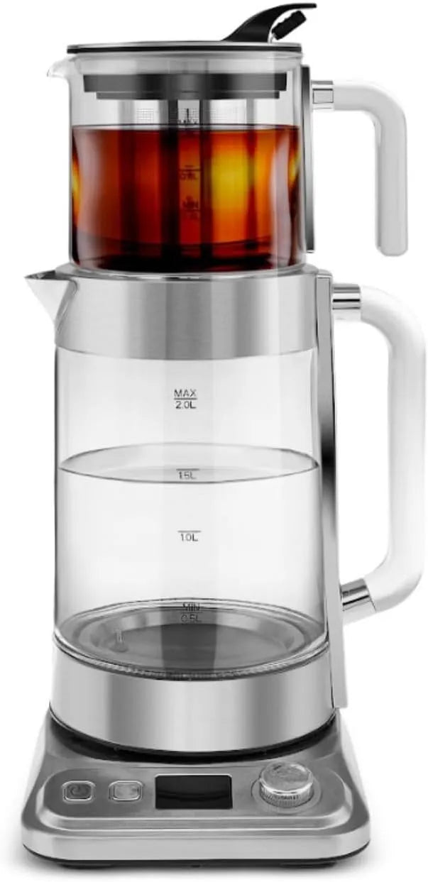 Bule automático XL KARACA X Refika com operação eco-eficiente - chaleira 2 L e bule de vidro 0,8 L, multi-temperatura, 2200 W, acabamento cromado