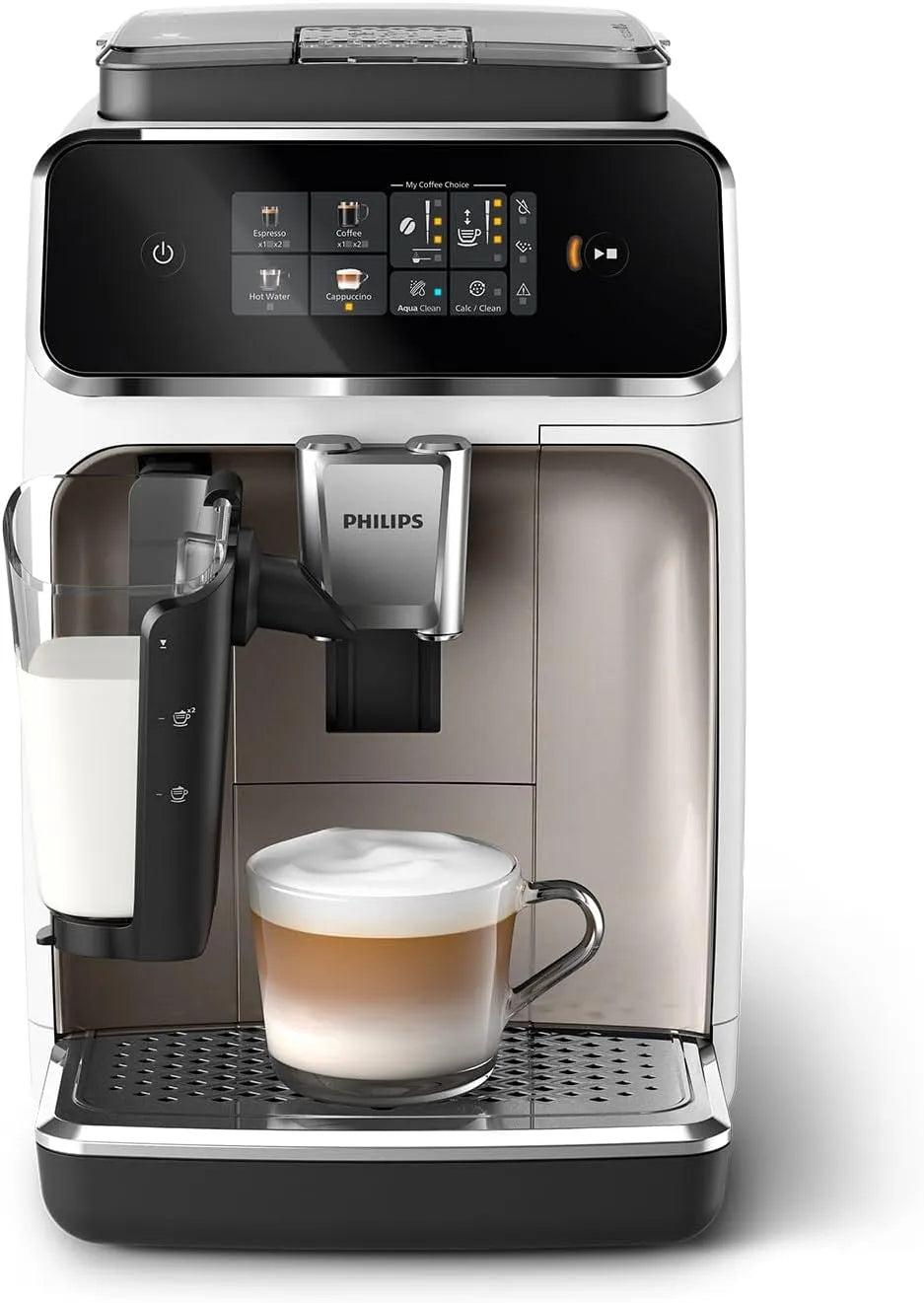 Philips Cafeteira Série 2300 com trituração cerâmica, Ecrã Tátil, Sistema LatteGo, 4 Bebidas, Tecnologia SilentBrew - Chromé Branco