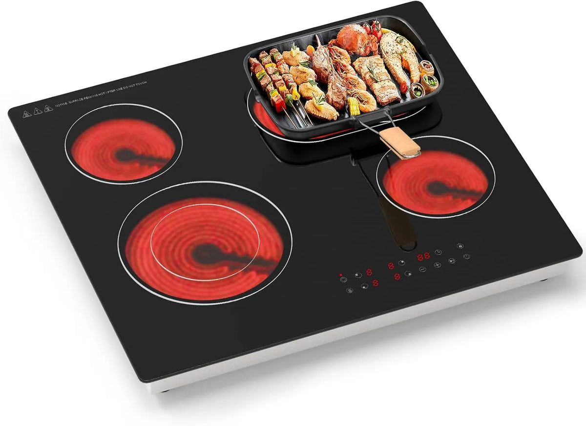 Borrallio Placa Vitrocerâmica Recessível 60 cm, 4 zonas de cozedura, comando tátil, Vidro Preto, Segurança Infantil