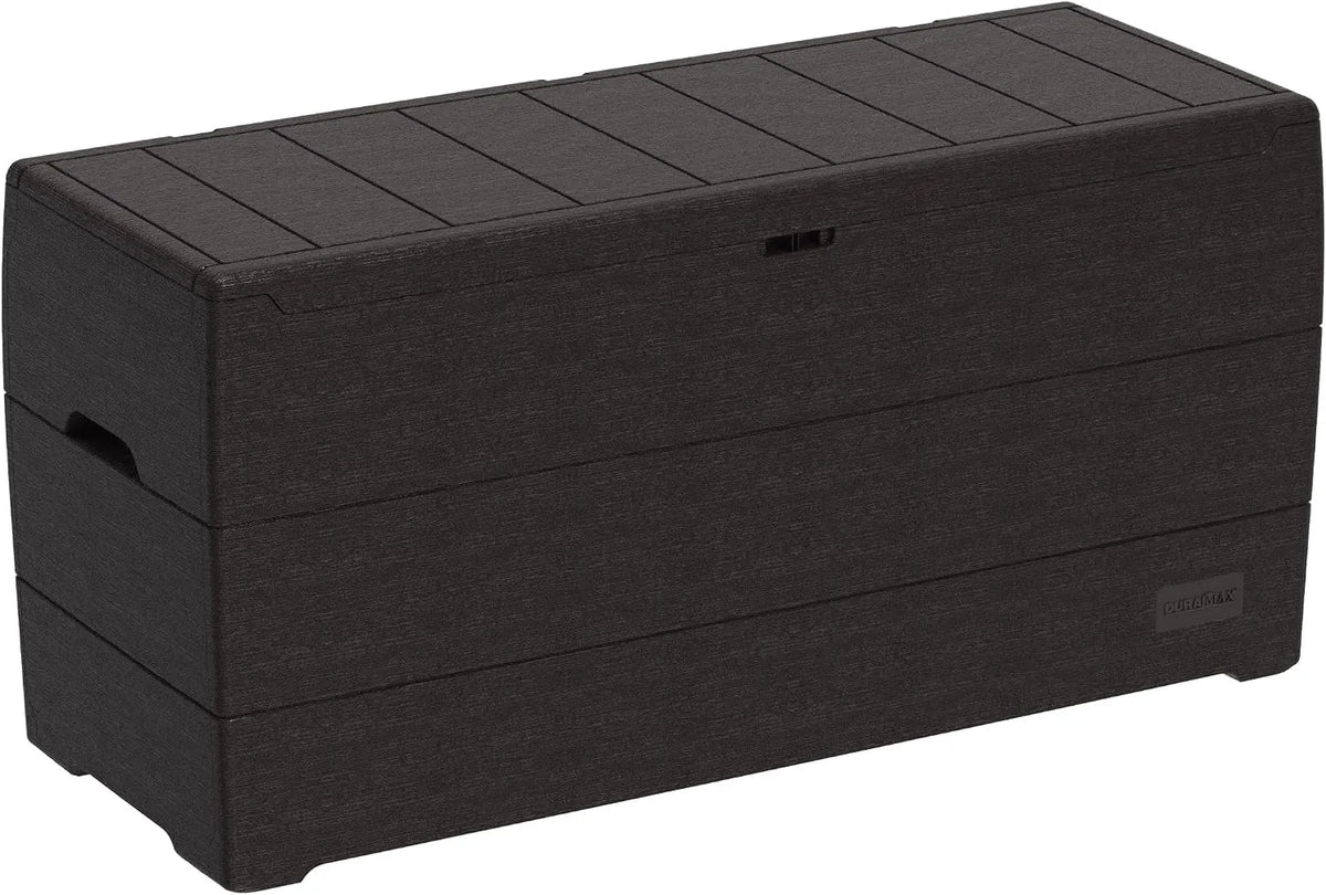 Caixa de armazenamento exterior 270 L Duramax, textura de madeira, almofadas e móveis de jardim, marrom escuro