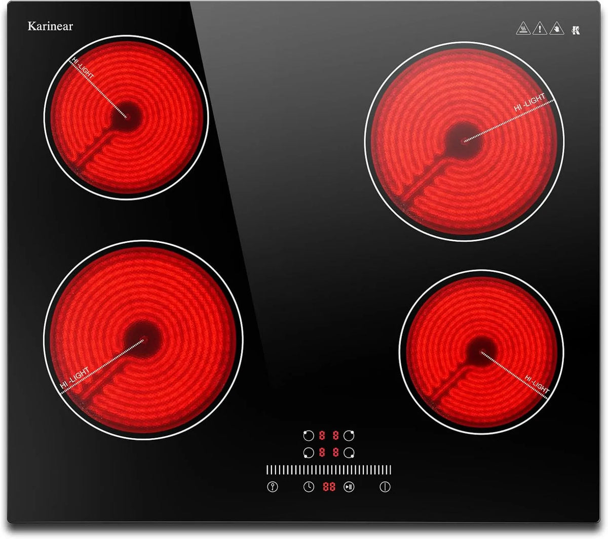 Karinear Table de cozedura Vitroceramic 4 zonas, Built-in 60 cm, controlo de escorregador tátil, Segurança e Horário das Crianças, Potência 6000 W 220 V-240 V