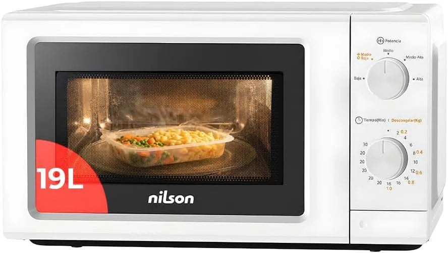 Microondas NILSON 19 L, 700 W, Branco, 5 Programas, Descongelação, Fácil de Limpar, 30 min Timer, Instalação Oferecido