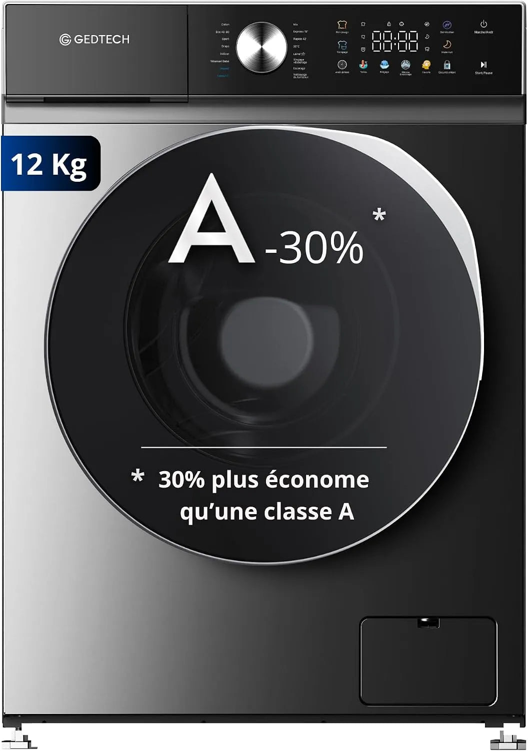 Máquina de lavar roupa frontal GEDTECH 12 kg - 1400 rpm - 16 programas - Eco - Intensivo - Rápido - Baixo poder - Ecrã LED a cores