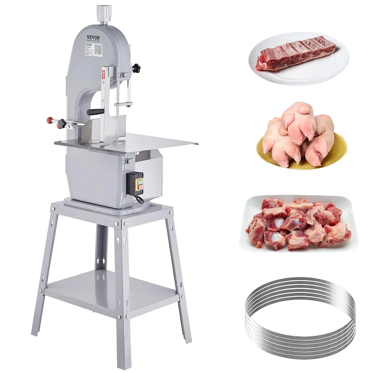 Serra de fita elétrica VEVOR 1500 W para carne e osso congelados, rendimento 300 kg/h, espessura ajustável 4-200 mm, Ideal para supermercados e restaurantes, Dimensões 54x49.5x142 cm