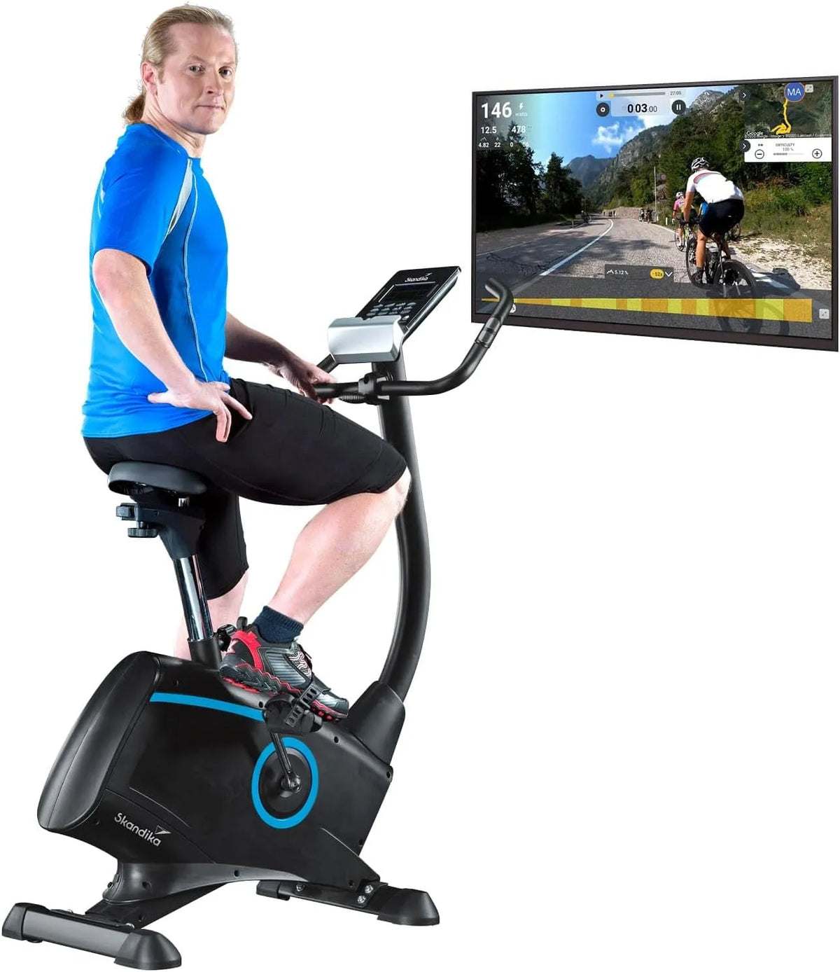 Skandika Atlantis bicicleta estática - 32 Resistências, 15 Programas, Brake magnético silencioso, Ecrã LED, 10 KG massa inercial, ajuste alça / escabelo, Peso máximo 150 KG