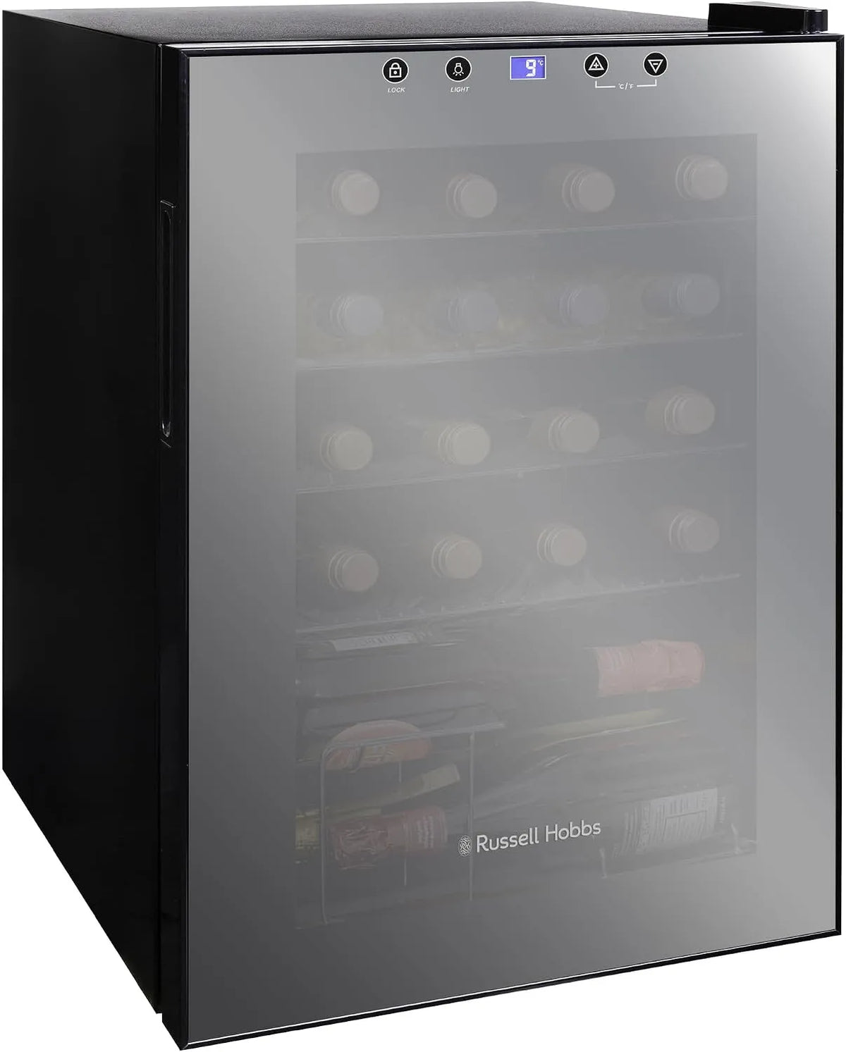 Russell Hobbs 62 L adega com porta espelho, iluminação LED, controlos de toque e prateleiras ajustáveis