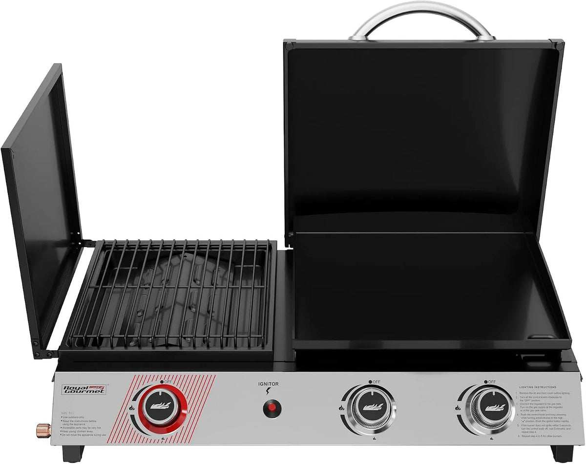 Portátil Gas Churrasco 3 Royal Gourmet Burners, Plancha e Grelha 3 em 1 esmaltado com tampa, 8,5 kW para campismo ao ar livre, Preto