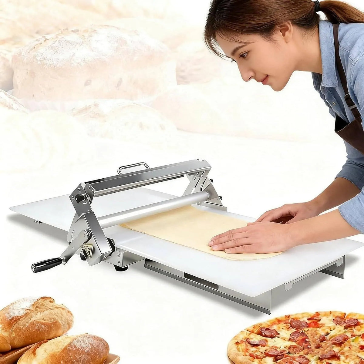 LSHFYV Máquina de passar aço profissional para Crescentes, Espessura ajustável 0-25 mm, Ideal para pastelaria e Pizza