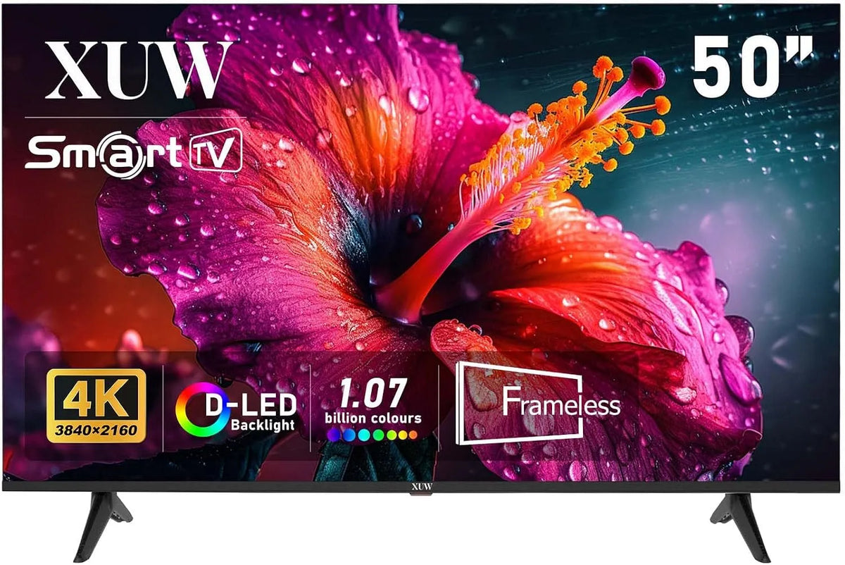 XUW 50' UHD 4K Smart TV, Design Sem Borda, D-LED, HDMI USB, Tuner DVB-T2/S2, Conectividade RJ45, Ideal para Viver e Entretenimento – Preto