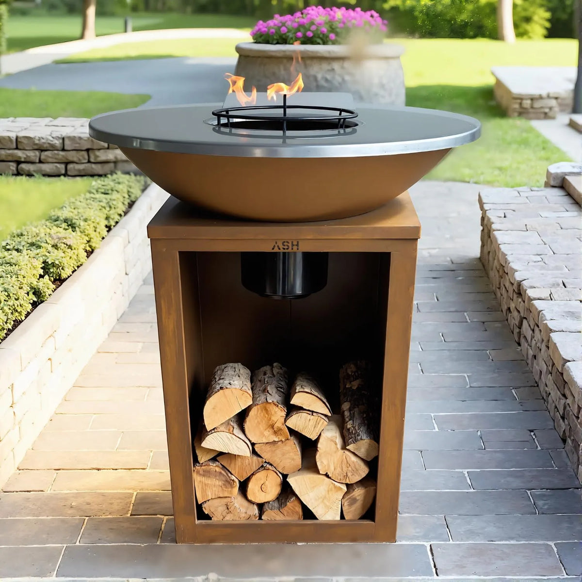 PakketPanda Plancha Churrasco Ash Solaris Steel Corten XXL - Ø81 cm - Jardim exterior com depósito de madeira